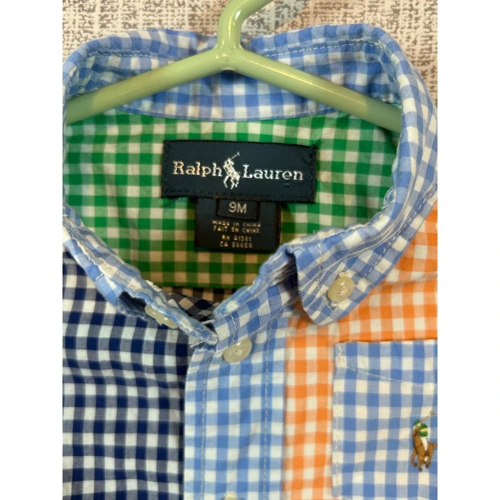 Ralph Lauren Kids Multi Color Gingham Patchwork Button Down Shirt 9M‎ Pony Logo